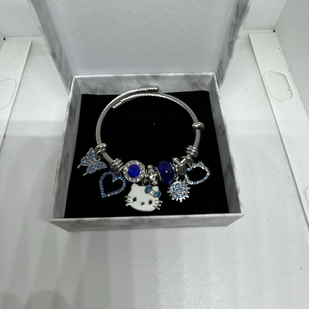 Hello Kitty Charm Bracelet Blue Crystal Heart Butterfly Adjustable Bangle